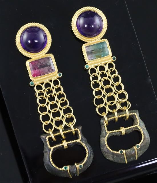 A pair of unusual 20th century etruscan style gold mounted gem and verdigris metal drop earrings, gross 27.7 grams.
